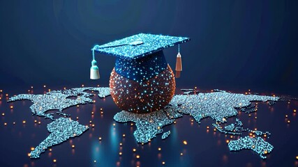 A radiant graduation cap sits atop a luminous globe map, symbolizing the celebration of education and global connections in an inspiring ambiance.