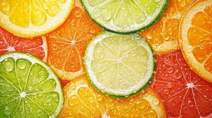 A close-up image of vibrant citrus slices featuring oranges, lemons, and limes, symbolizing freshness, health, summer, and a burst of flavor.