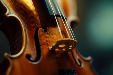 a violin&rsquo;s strings and f-holes, with the wood grain and craftsmanship highlighted under soft lighting