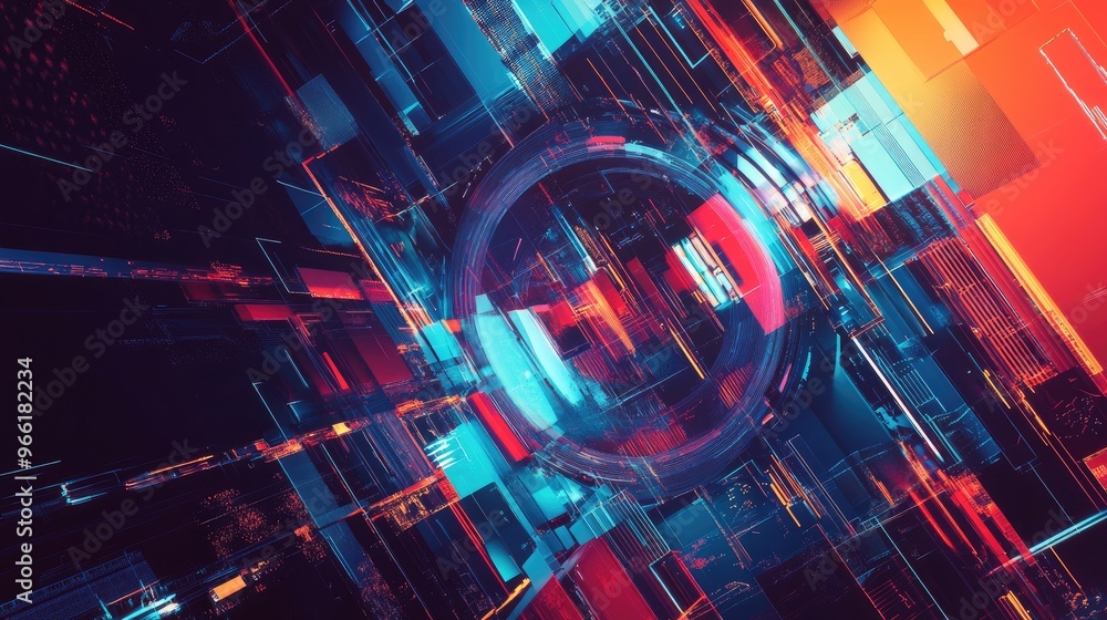 Poster a dynamic visual of abstract digital graphics and geometric shapes in bold colors, showcasing a high