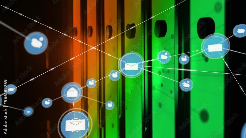 Poster animation of network of connections with email icons and data processing over computer servers