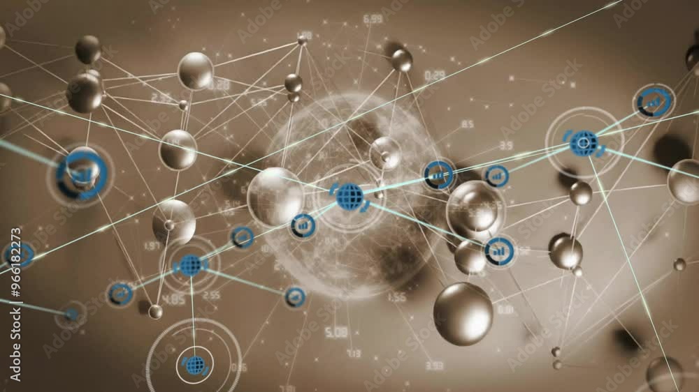 Poster animation of network of connections with icons and data processing over globe