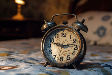 a vintage alarm clock ringing on a bedside table, with the focus on the ticking hands and the worn metal casing