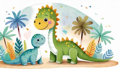 Naklejka premium Baby Dinosaurs watercolor illustration with cute animals for nursery and baby shower
