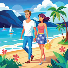 couple summer season walking on the sea beach illustation vector file.eps