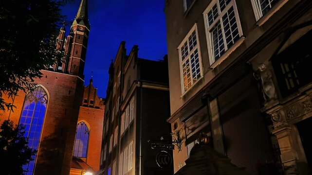 Architecture of the old town center at night. Old town street. Gdansk, Poland.