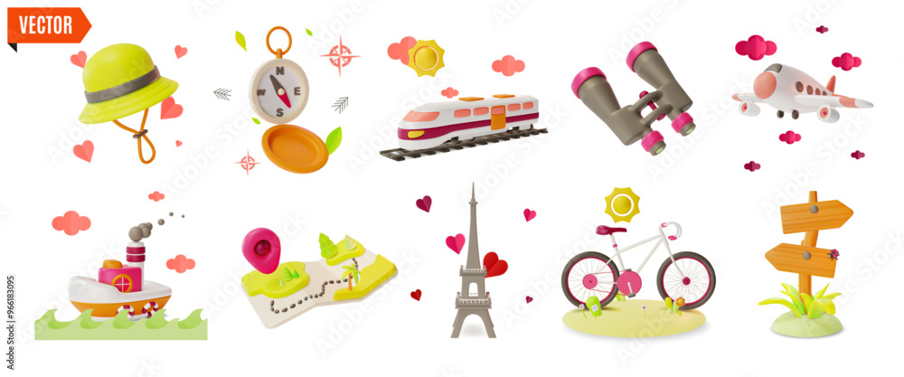 Wall mural 3d Travel and Tourism Element Set Concept Include of Eiffel Tower, Bicycle and Ship Cartoon Design Style. Vector illustration