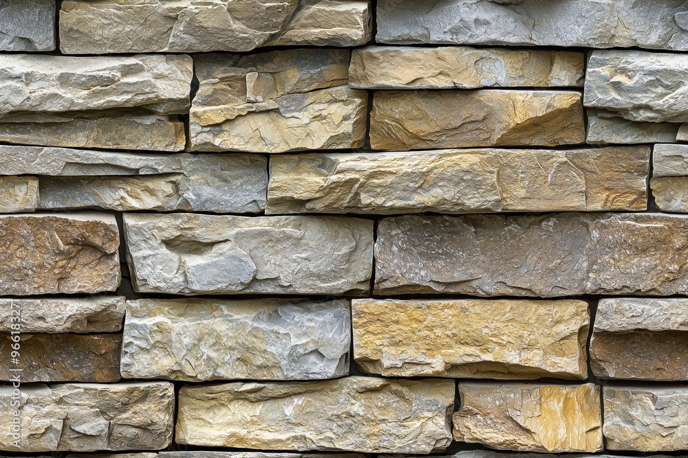 Poster a textured stack stone cladding wall made of various sizes of natural stone bricks in shades of gray