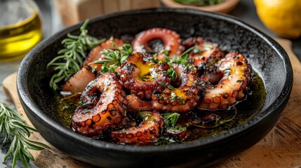 Fototapeta premium A close-up of a plate of grilled octopus, seasoned with olive oil, herbs, and lemon juice. The dish is a popular Spanish delicacy called Pulpo a la Gallega. The octopus is tender and flavorful, and th