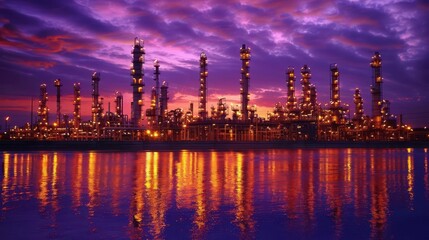 Fototapeta premium sprawling oil refinery at dusk illuminated by warm golden lights against a deep purple sky intricate network of pipes and towers reflected in still water below