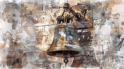 Fototapeta premium Watercolor illustration of an ornate church bell against a stone wall. Concept of historic architecture, antique bell, watercolor art, rustic charm
