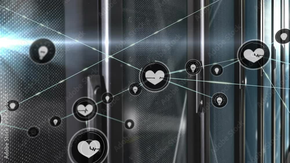 Poster animation of network of connections with heart icons and data processing over computer servers