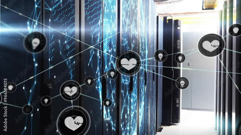 Poster animation of network of connections with heart icons and data processing over computer servers