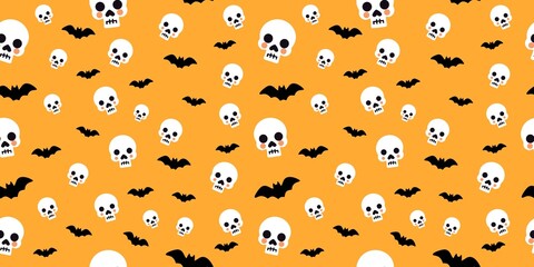 Bats and skulls pattern - Halloween pattern - orange background