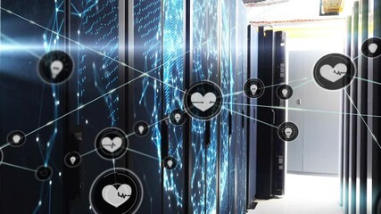 Animation of network of connections with heart icons and data processing over computer servers - Powered by Adobe