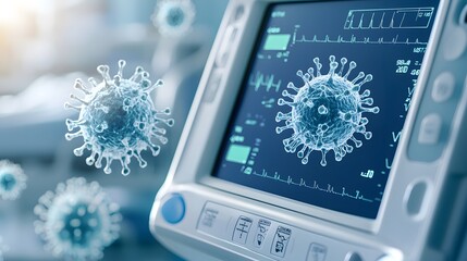Fototapeta premium Close-up of a medical monitor displaying virus data, highlighting the connection between technology and healthcare in pandemic response.