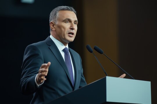 A man in a suit is standing in front of a podium, speaking into a microphone. He is wearing a tie and he is giving a speech