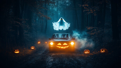 Vintage ghost flying after car through dark forest, front lights, flying ghost, Halloween day, Jack-o'-lanterns, haunted forest, glowing pumpkins, Halloween background