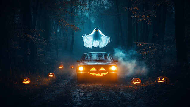 Vintage ghost flying after car through dark forest, front lights, flying ghost, Halloween day, Jack-o'-lanterns, haunted forest, glowing pumpkins, Halloween background