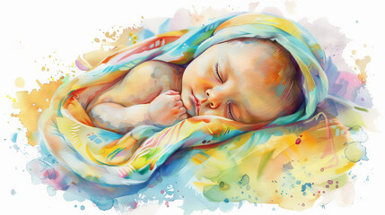 Watercolor illustration of a sleeping newborn baby in a colorful blanket. Concept of newborn art, watercolor painting, pastel colors, peaceful baby scene