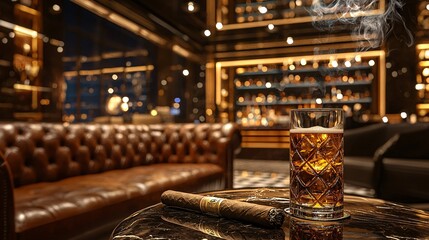 Luxurious cigar lounge with plush seating and dim ambient lighting smoke wafting high detail sharp focus high resolution ultra HD