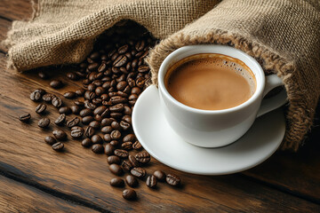 A cup of coffee with burlap sack full of beans.