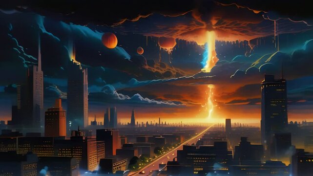 Futuristic urban animation of cyberpunk cityscape with high skyscrapers, watercolor painting. Cityscape animation with pillar of light shoots out of the sky. AI generated video