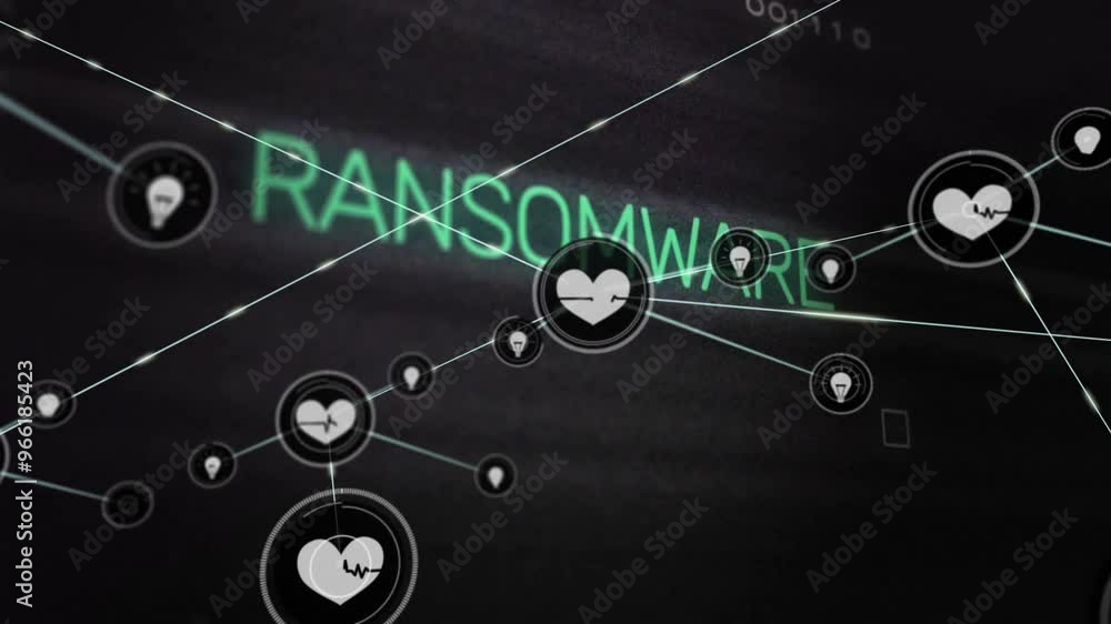 Poster animation of ransomware text, network of connections with heart icons and data processing