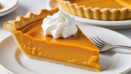 Slice of Pumpkin Pie with Whipped Cream on a White Plate with Fork
