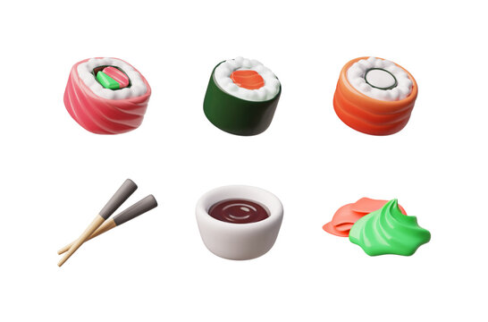 3D Vector set of sushi rolls with soy sauce, ginger, wasabi and food shelves.