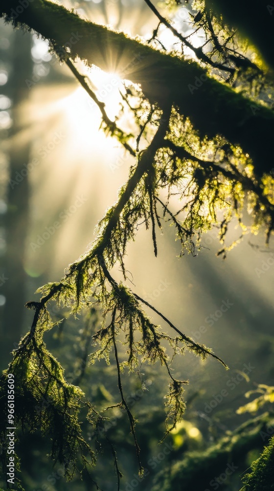 Poster sunlight filtering through moss-covered forest branches