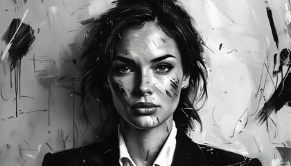 Bold black and white portrait of a self-assured woman in a sharp suit enhanced with dynamic scribbles and scratches for artistic expression