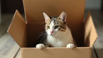 Fototapeta premium Curious Cat in a Cardboard Box