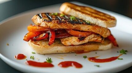 A gourmet sandwich with grilled chicken, roasted peppers, and a drizzle of sauce, presented on a white plate with a minimalistic background for an elegant presentation.