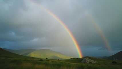 Vibrant Rainbow Over Serene Hills