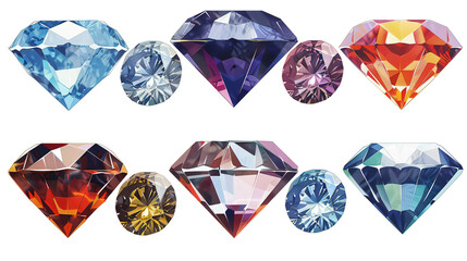 Fototapeta premium Stunning Collection of Multicolored Gemstones: Shimmering Blue, Red, and Purple Diamonds in Various Cuts for Jewelry Design and Decor