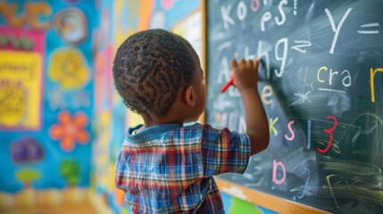 A young student writing on a chalkboard, practicing their alphabet, with colorful educational posters on the walls