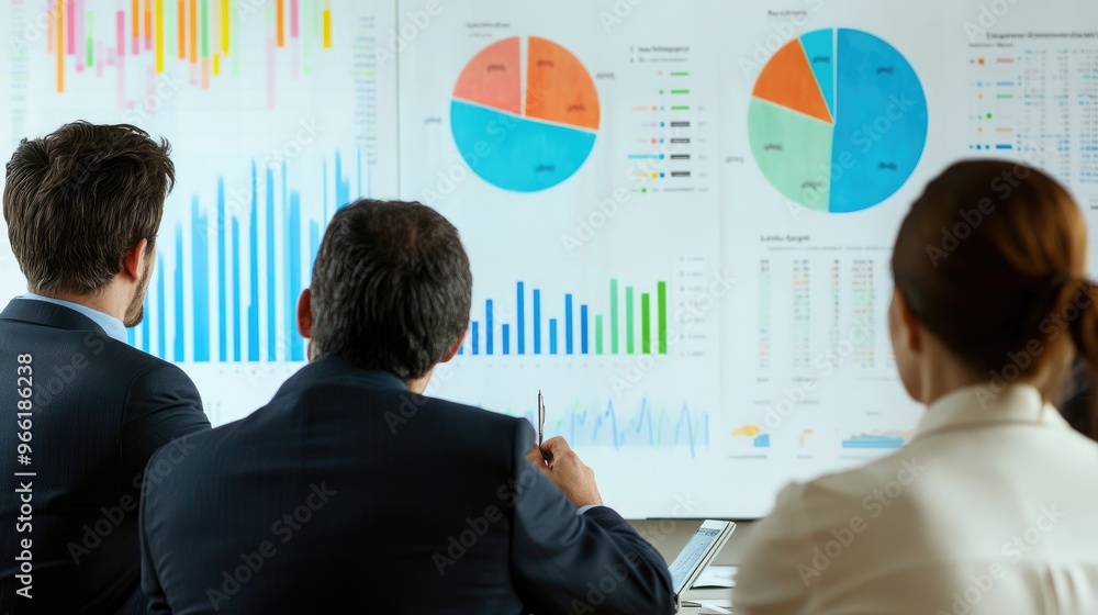 Poster a group of executives analyzing a pie chart and bar graph on a whiteboard during a business meeting,