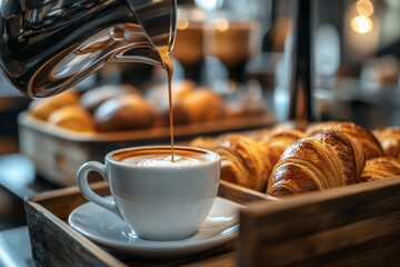  Close up of coffee pouring from beautiful carafe into white cup on table with blurred background of French breads and croissants.
