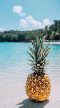 Pineapple on tropical beach with blue ocean and sky
