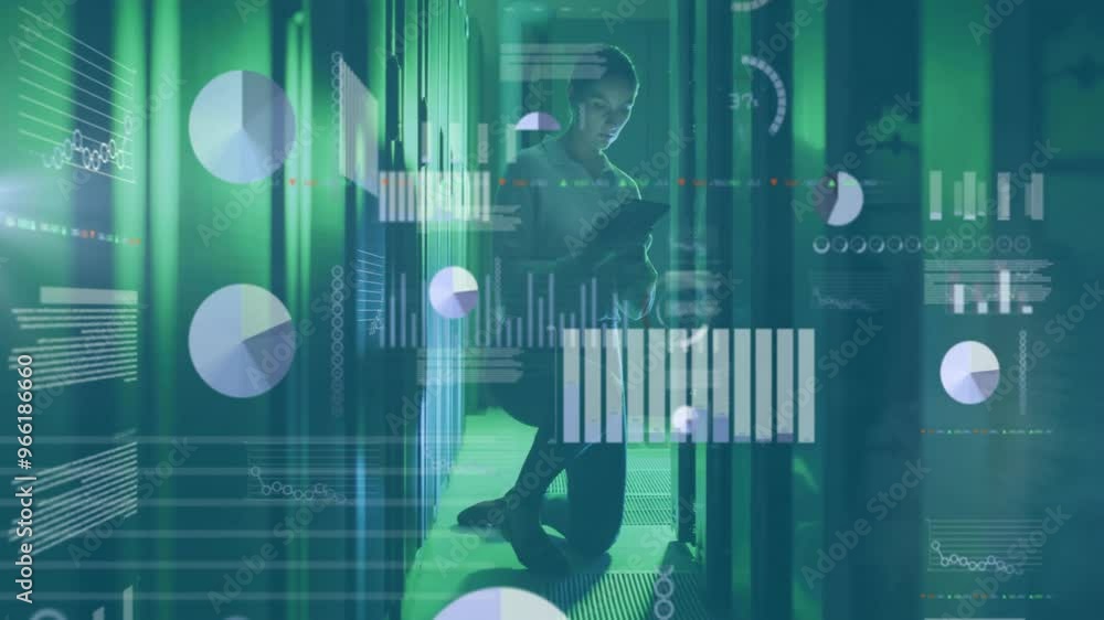 Poster animation of data processing with icons over caucasian businesswoman using tablet in server room