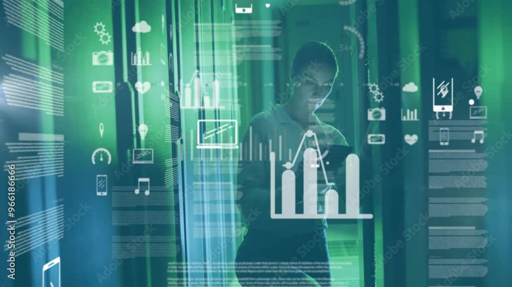 Aufkleber animation of data processing with icons over caucasian businesswoman using tablet in server room