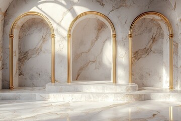 Elegant marble arched alcove with golden frames, background for product display or interior design