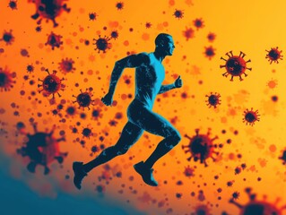 Runner surrounded by symbols of health and immunity, dynamic pose, warm lighting