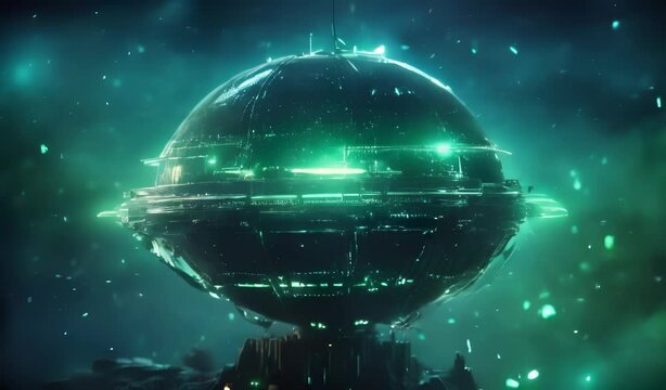 Futuristic Sci-Fi Spaceship in Space with Green Energy Field