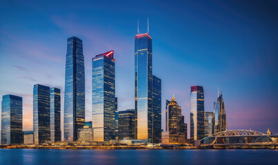 A skyline of tall buildings in a city at twilight