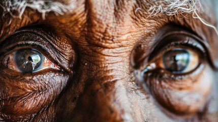 Close-up Portrait of an Elderly African American Woman with Focus on Eyes. Concept of Aging, Wisdom, Experience, and Human Emotion. Detailed Facial Features, Life Story, and Deep Reflection in Gaze