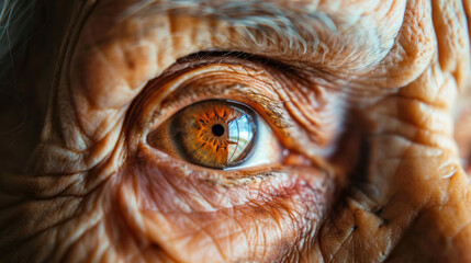 Close up of an elderly woman's eye with intricate wrinkles and detailed brown iris. Concept of aging, human anatomy, eye features, senior health, photography. Macro, fine details, close-up view