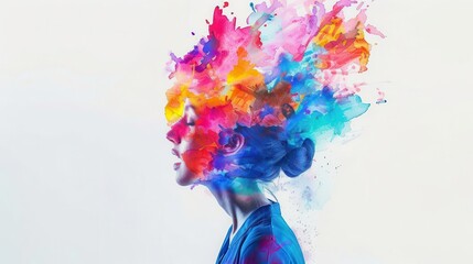 surreal portrait of a woman with vibrant thoughts bursting from her head in a splash of watercolors representing mental wellness and creativity on a clean white backdrop