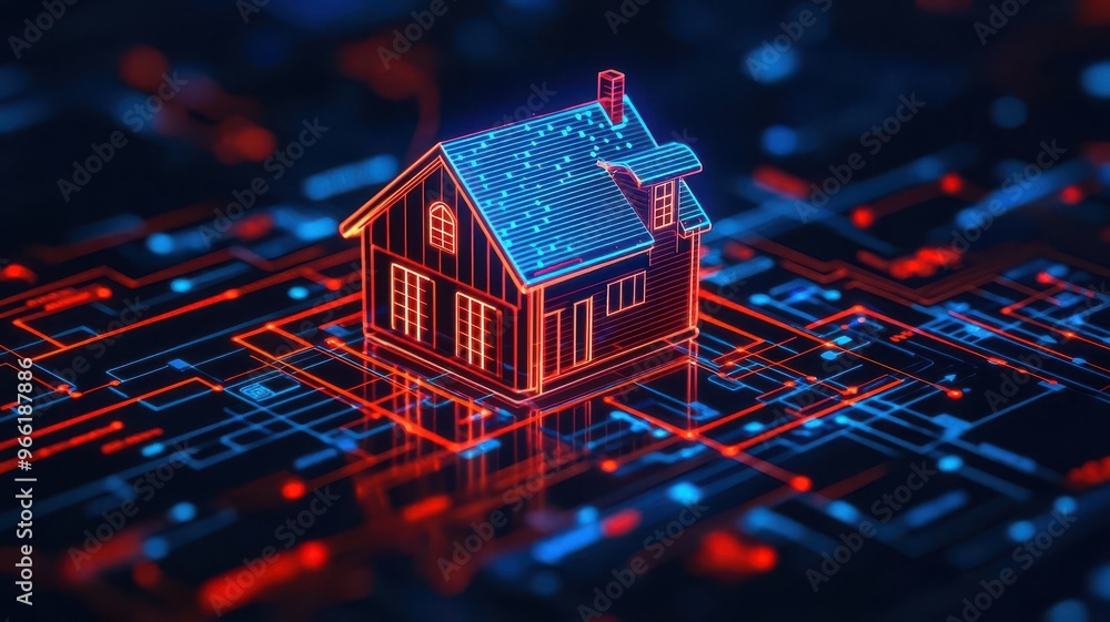 Poster a smart home hub controlling multiple devices lights, thermostat, and security cameras through a cen